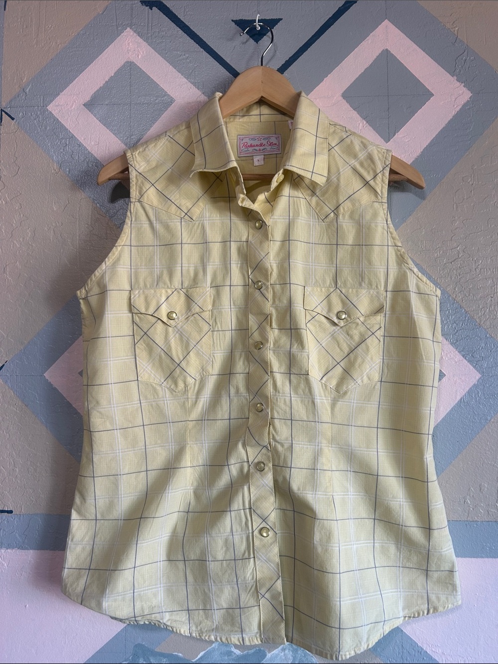 Vintage Panhandle Slim Pale Yellow Plaid Sleeveless Button-Down Shirt